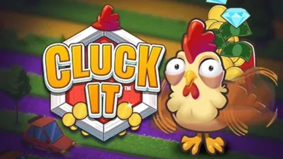 Tampilan visual permainan Cluck It dengan karakter ayam lucu di latar belakang pertanian