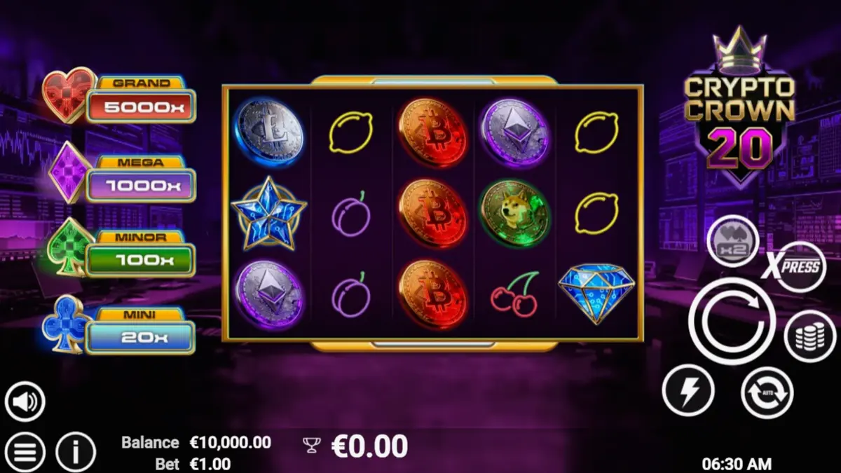 Tampilan antarmuka slot Crypto Crown 20 dengan simbol kripto dan neon