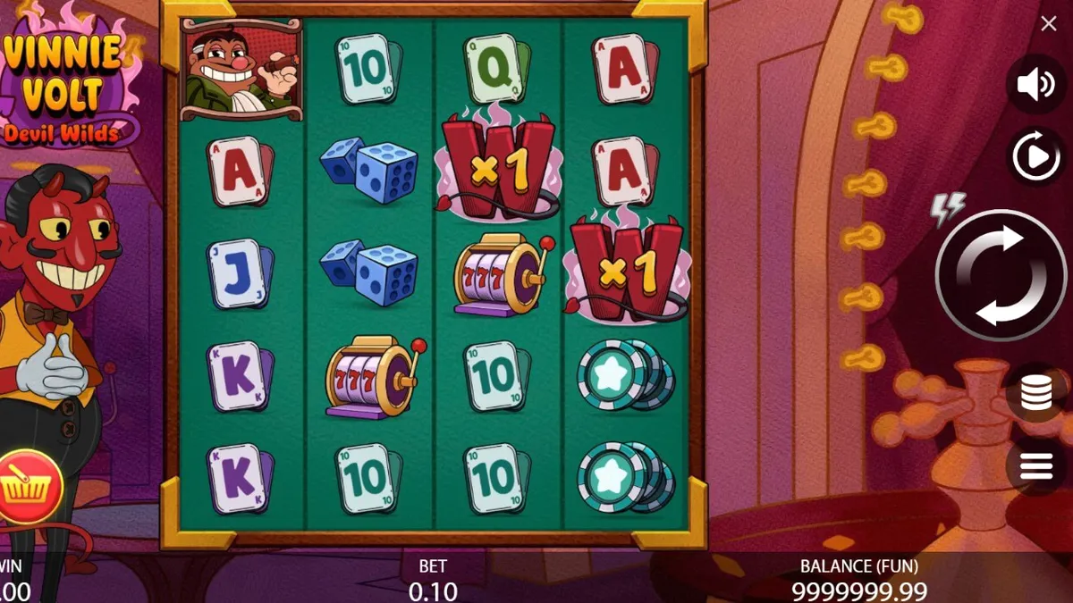 Vinnie Volt: Devil Wilds slot machine interface with cartoon devil theme